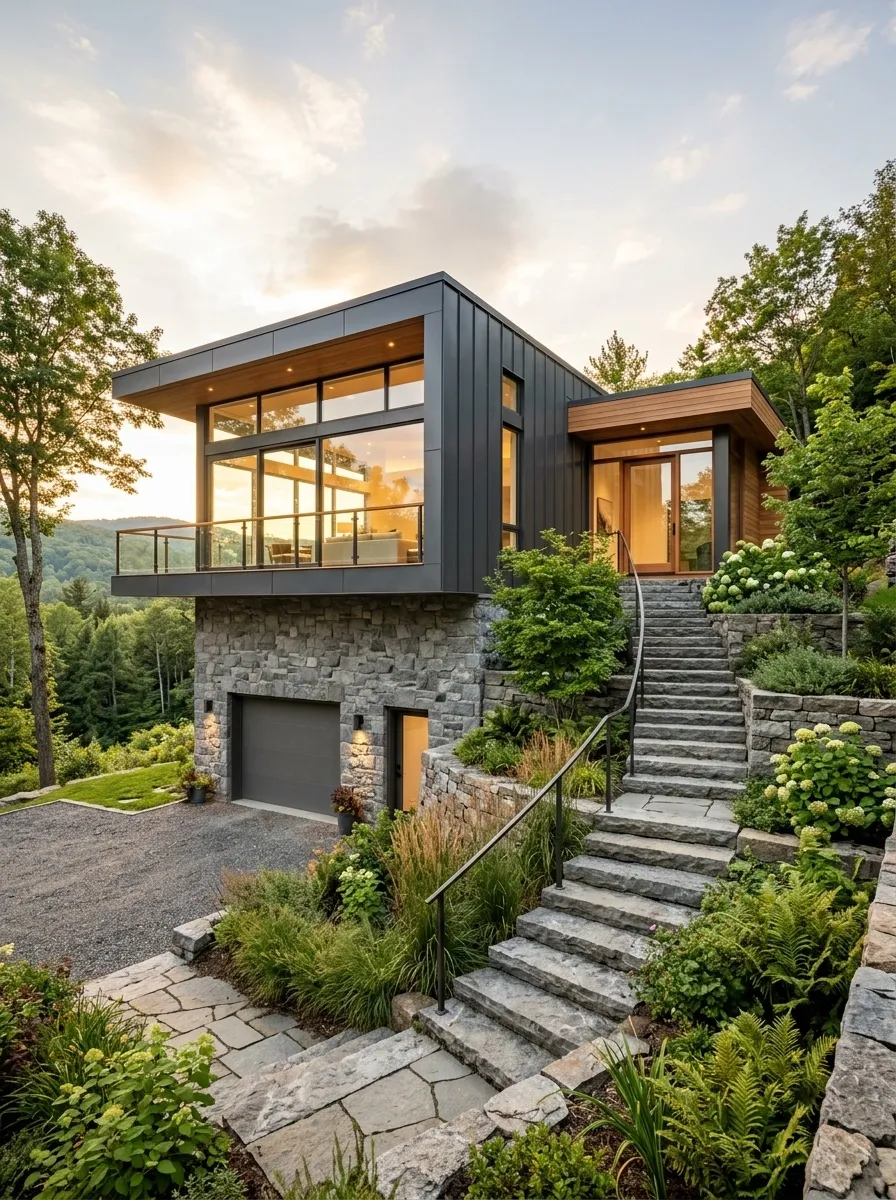 Split-Level House With Stone Base and Glass Upper Floor