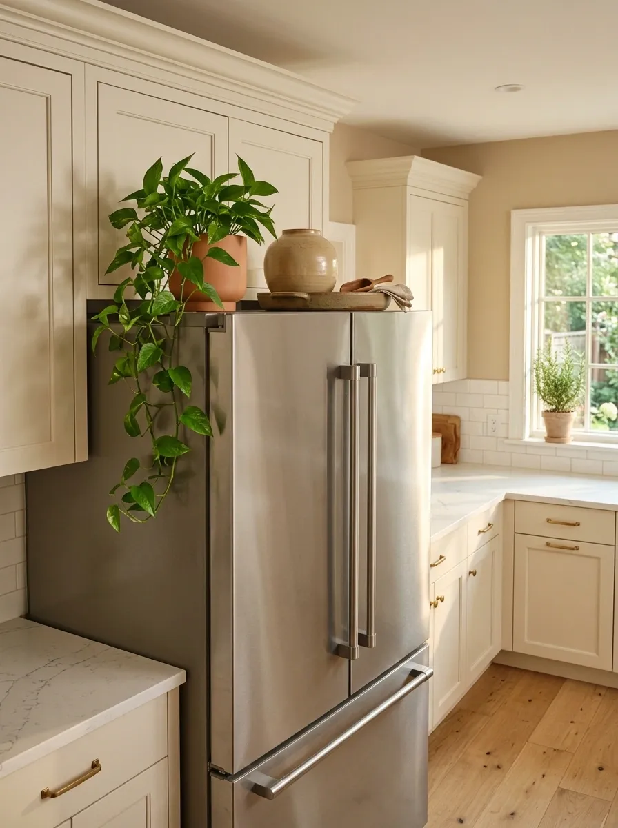 Stainless Refrigerator With a Greenery and Ceramic Display