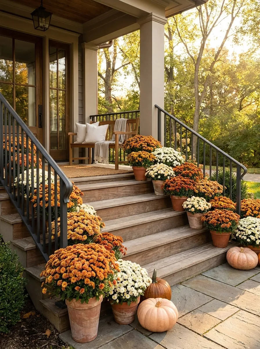 Stair Rail Framed by Mums and Layered Entry Decor