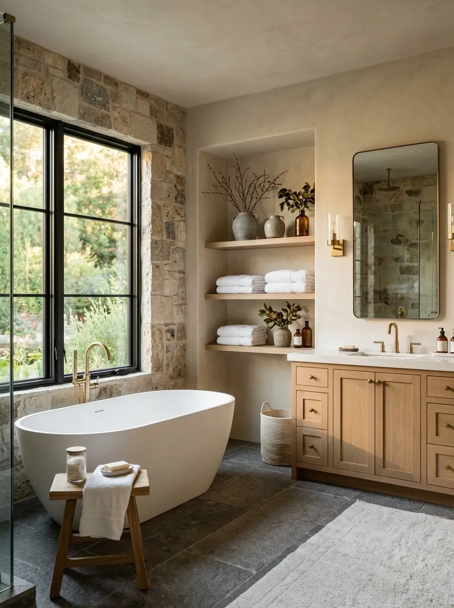 Statement Grey and Beige Bathroom With Mixed Natural Stone