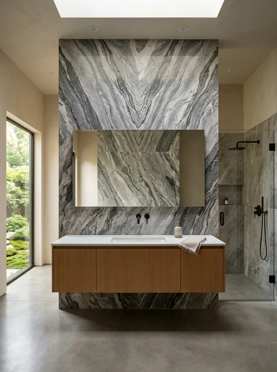 Statement Stone Slab Behind a Simple Vanity