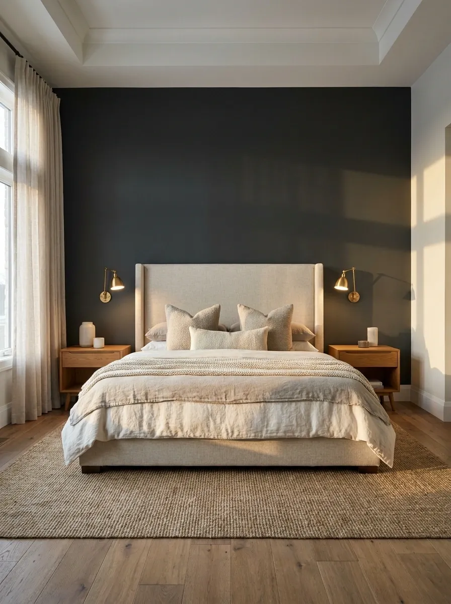 Statement Wall Behind the Bed With Dark Architectural Contrast