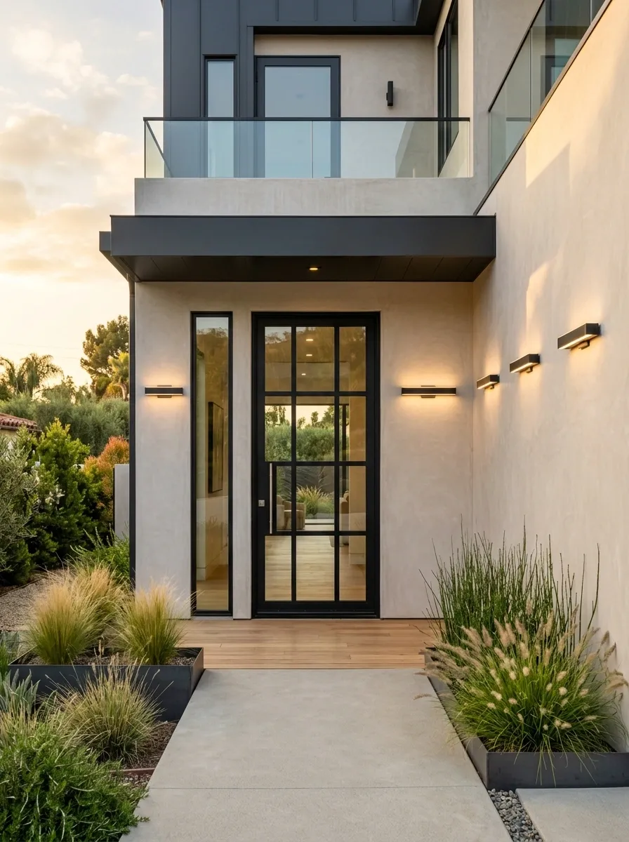 Steel-Glass Door With Contemporary Concrete Porch