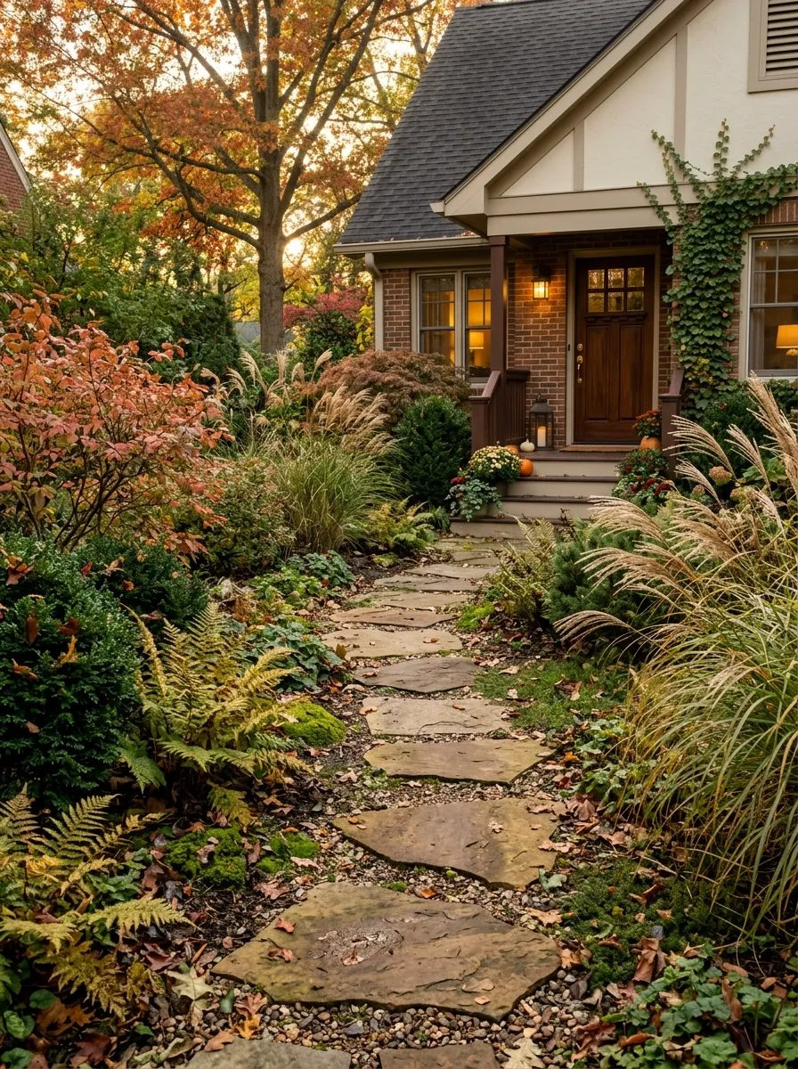 Stone Path Through a Woodland-Inspired Front Yard