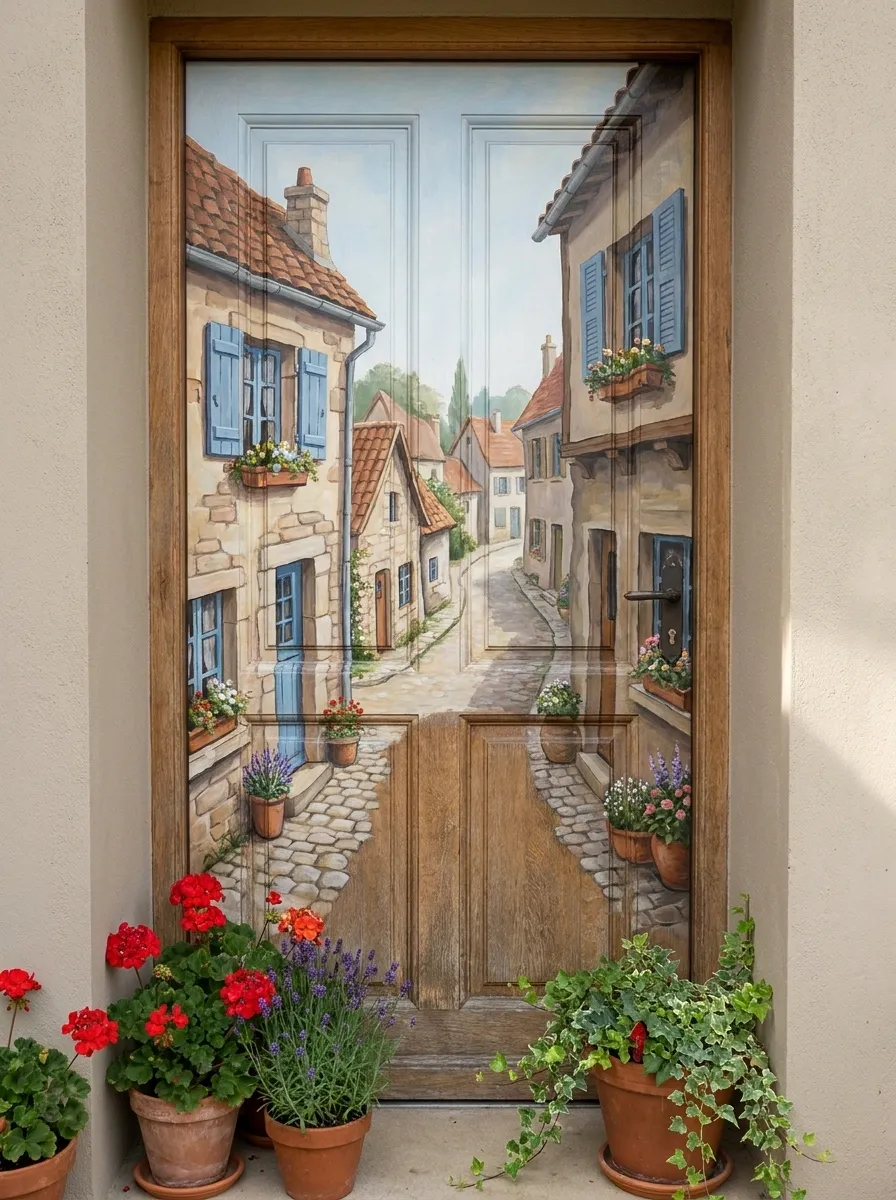 Storybook Village Door With Painted Windows and Flowers