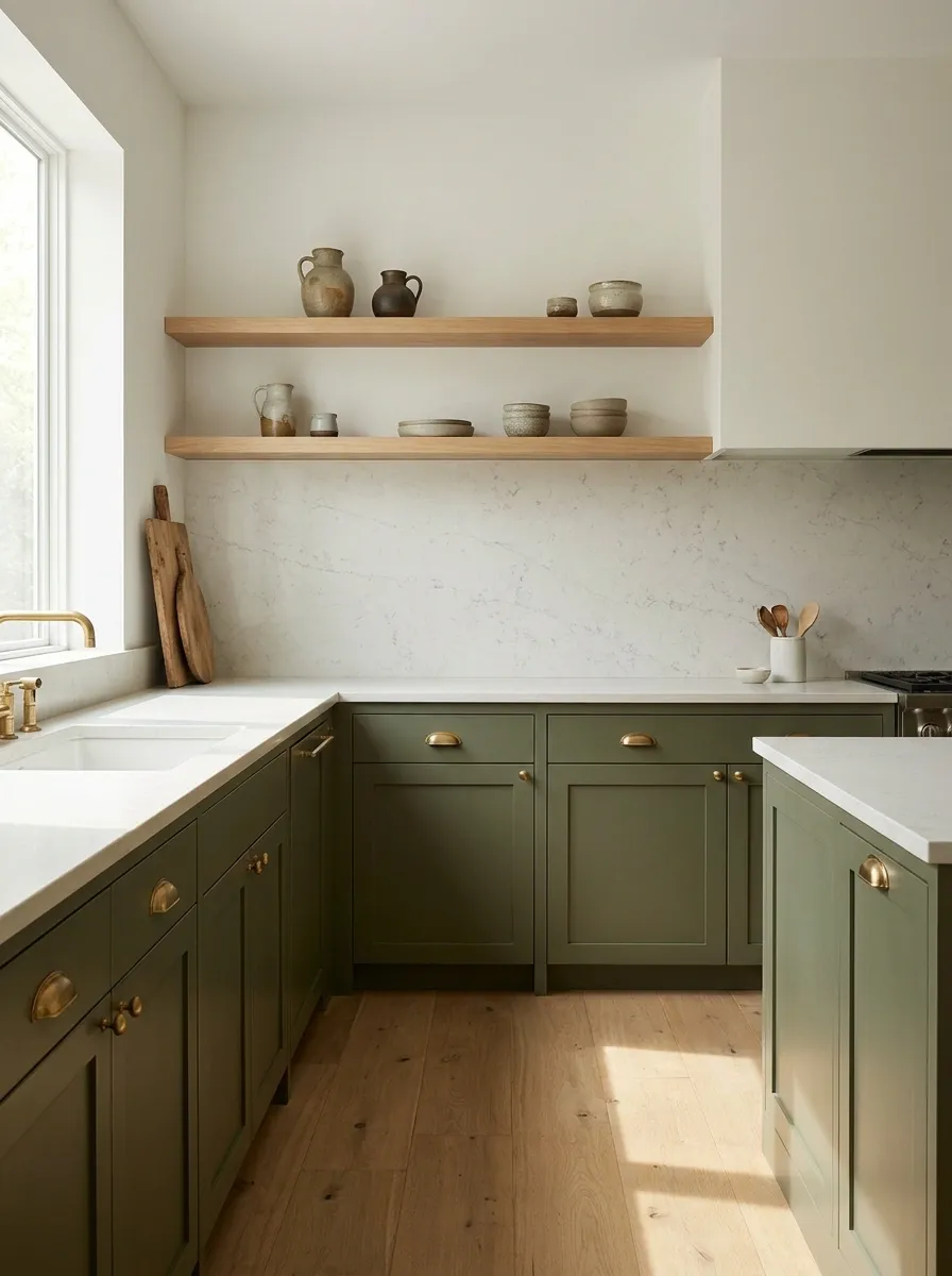 Style an Olive Kitchen With Natural Stone and Simple Hardware