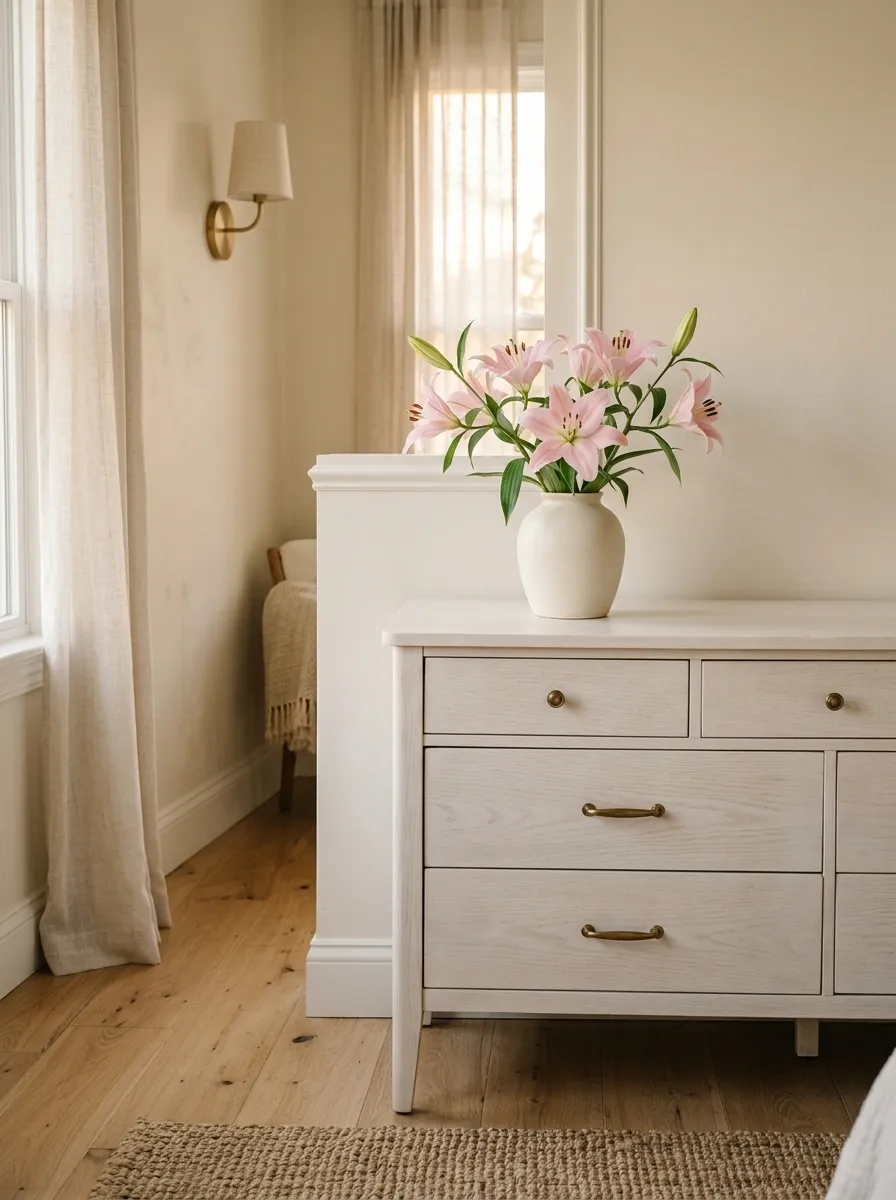 Style Pink Lilies in a Simple Ceramic Vase