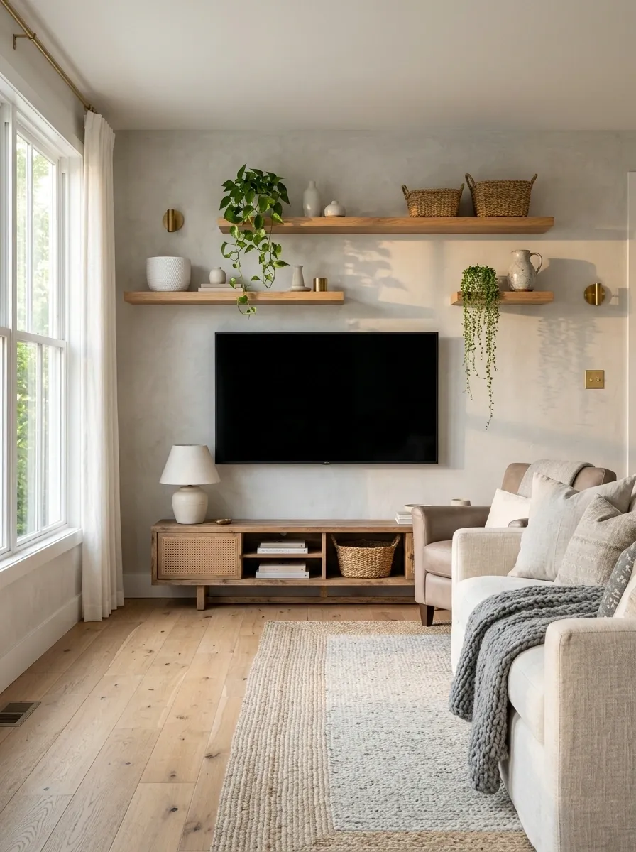 Style the TV Wall With Floating Wood Shelves