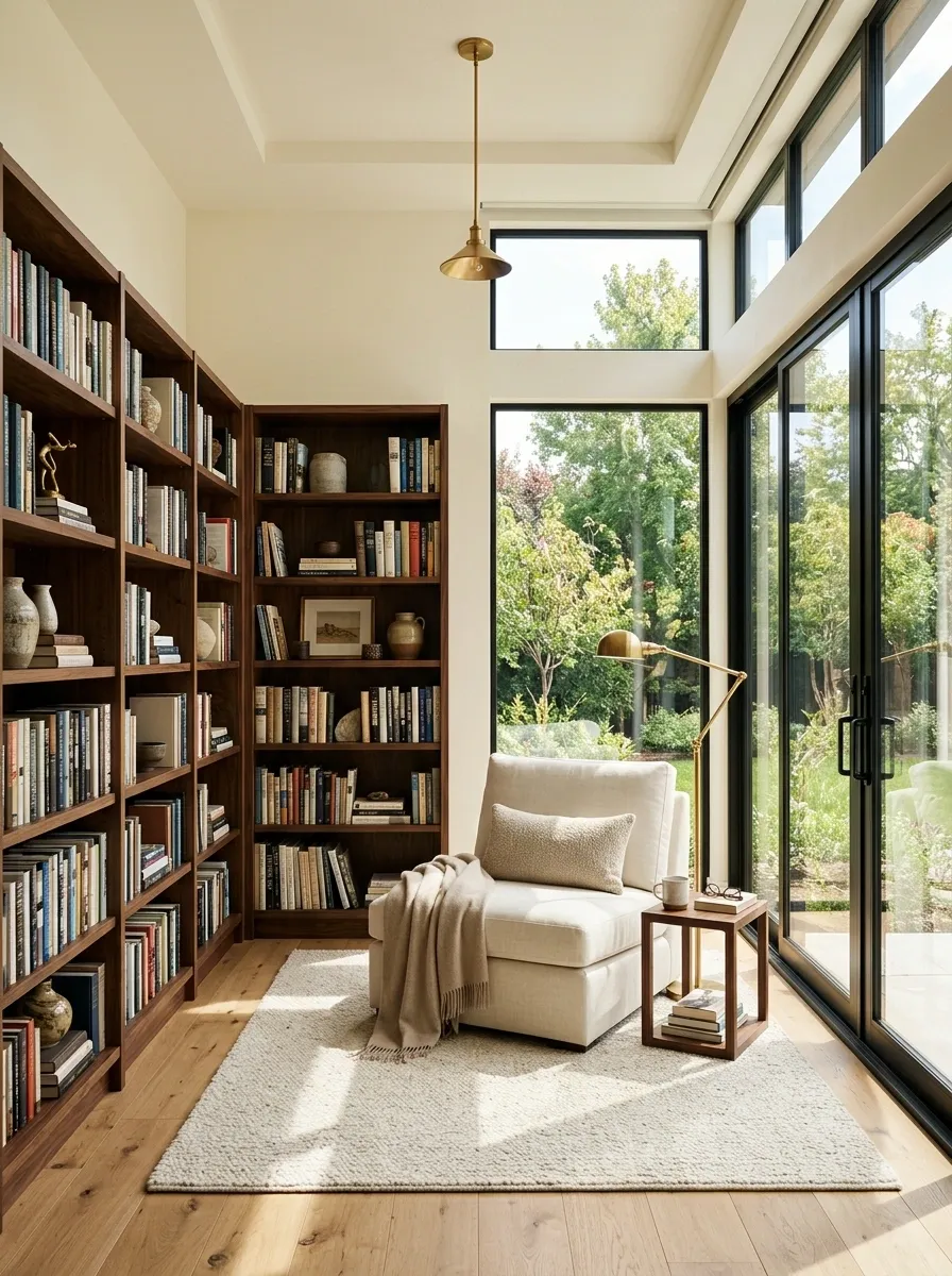 Sunlit Library With Full-Height Windows and Freestanding Shelves