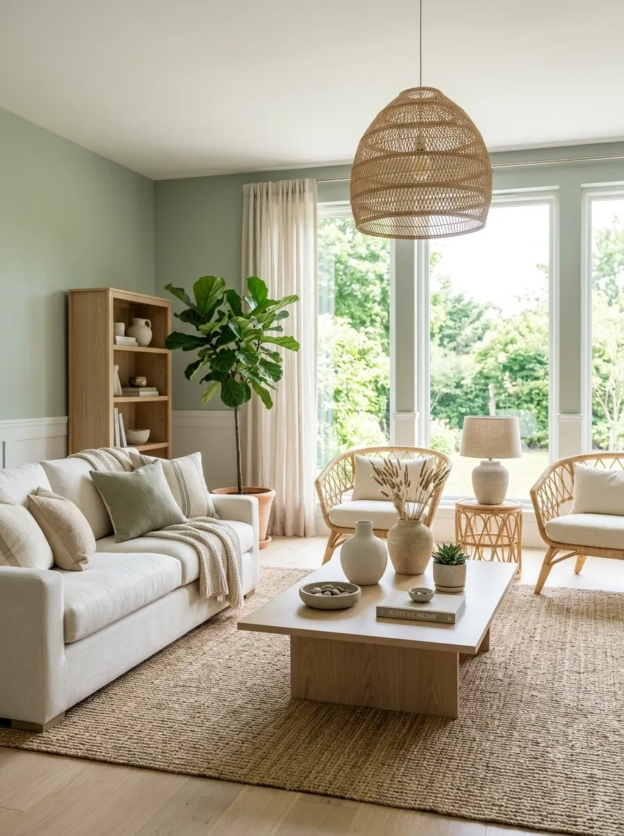 Sunlit Sage Living Room With Rattan and Linen Layers