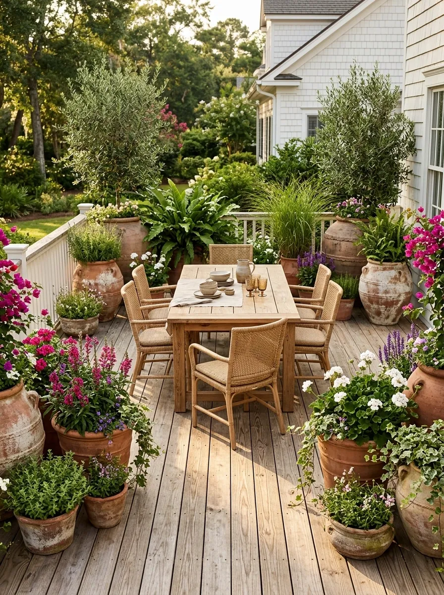 Sunny Southern-Style Deck With Terracotta Pots and Flowering Layers