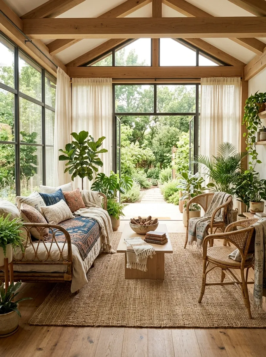 Sunroom With Wicker Furniture, Linen, and Abundant Plants