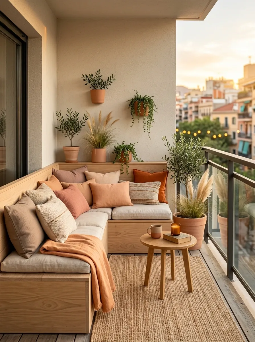Sunset Balcony With Clay Tones and Low Timber Seating