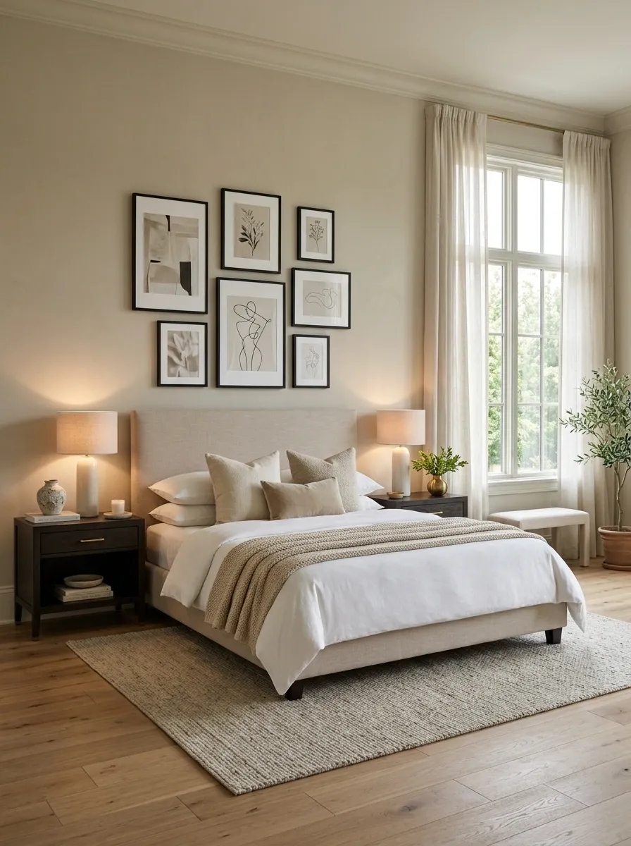 Symmetrical Bed With Intentional Asymmetry Around the Window
