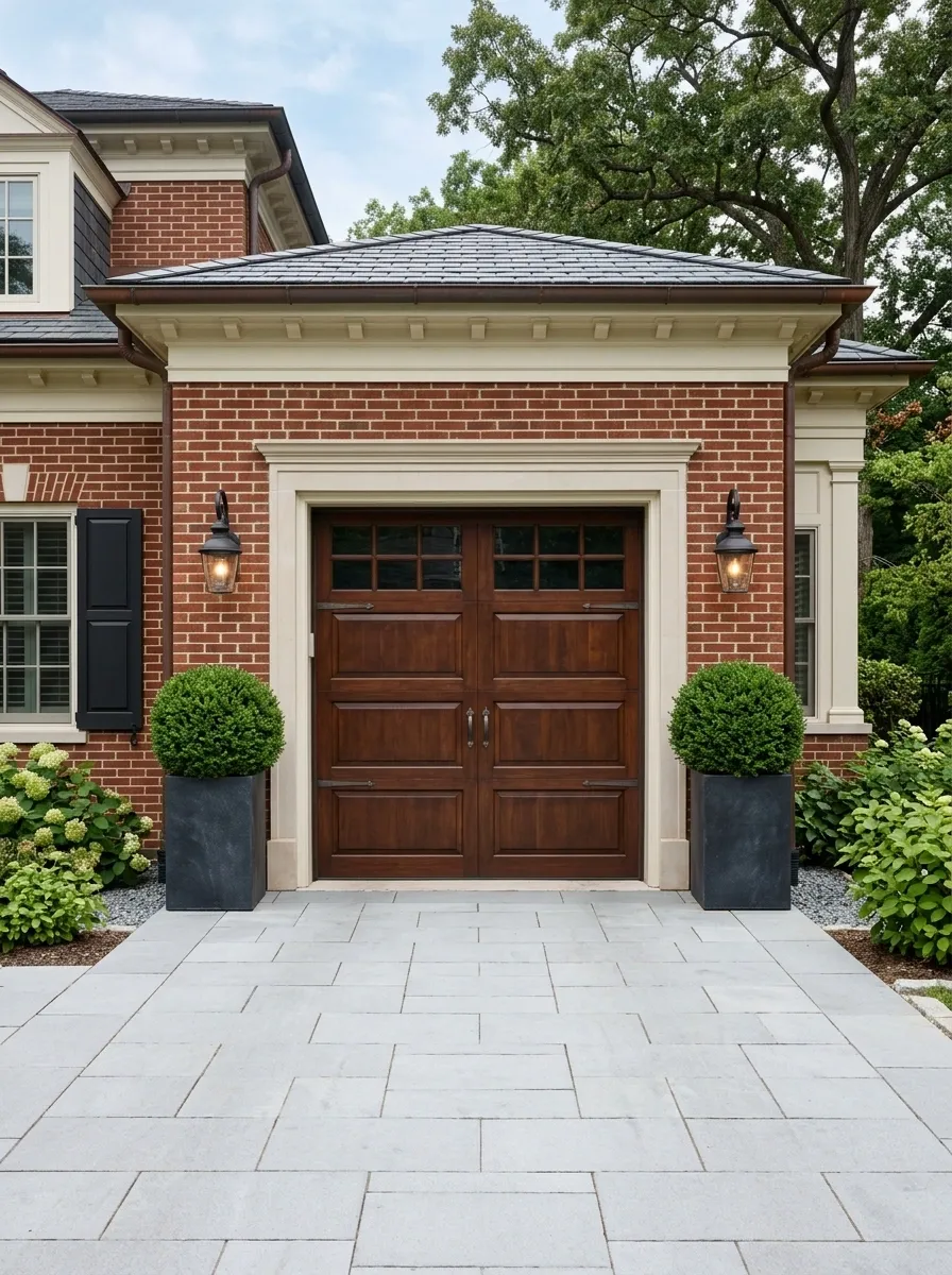 Symmetrical Boxwood Planters Around a Classic Garage Door