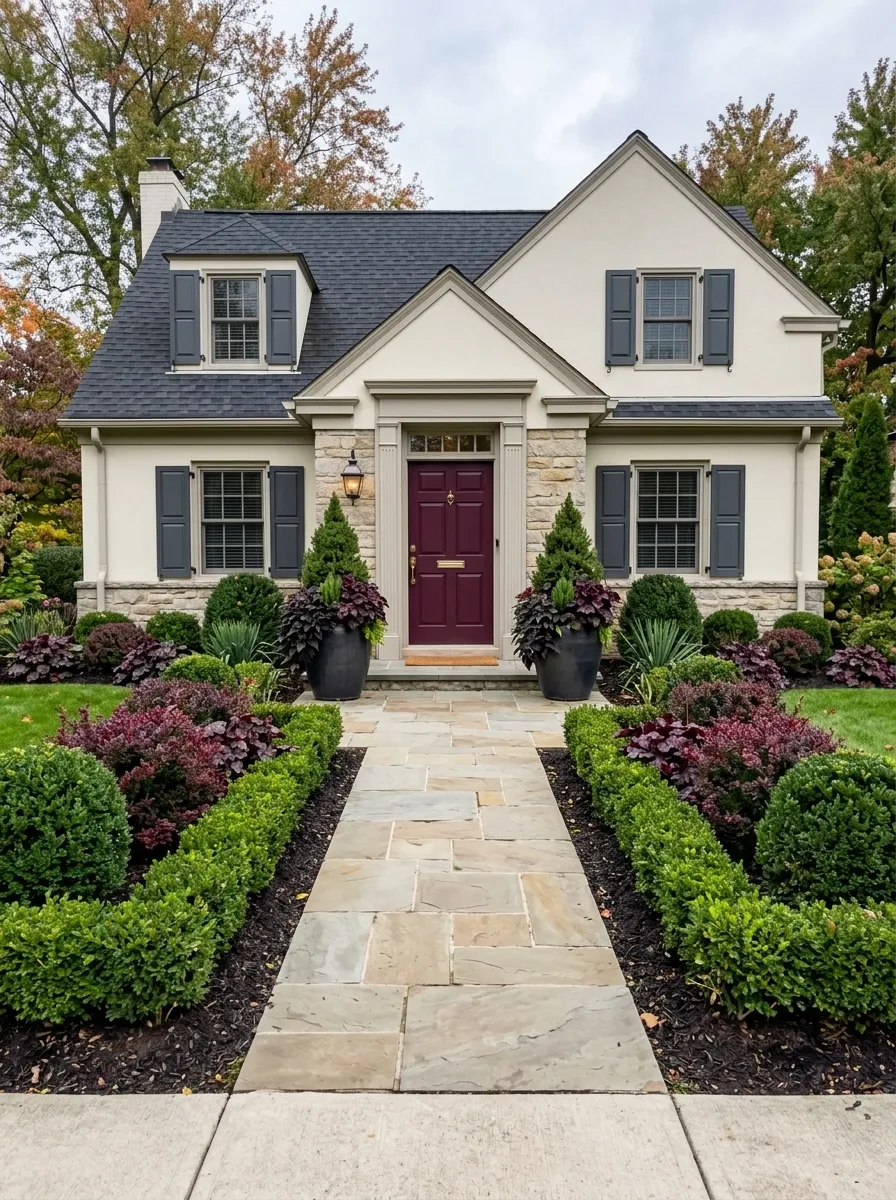 Symmetrical Entry With Deep Burgundy Foliage
