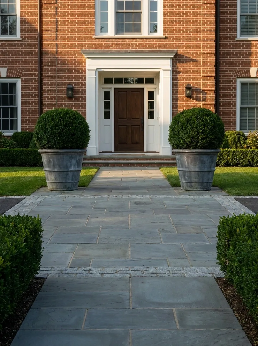 Symmetrical Planters Flanking a Traditional Entrance