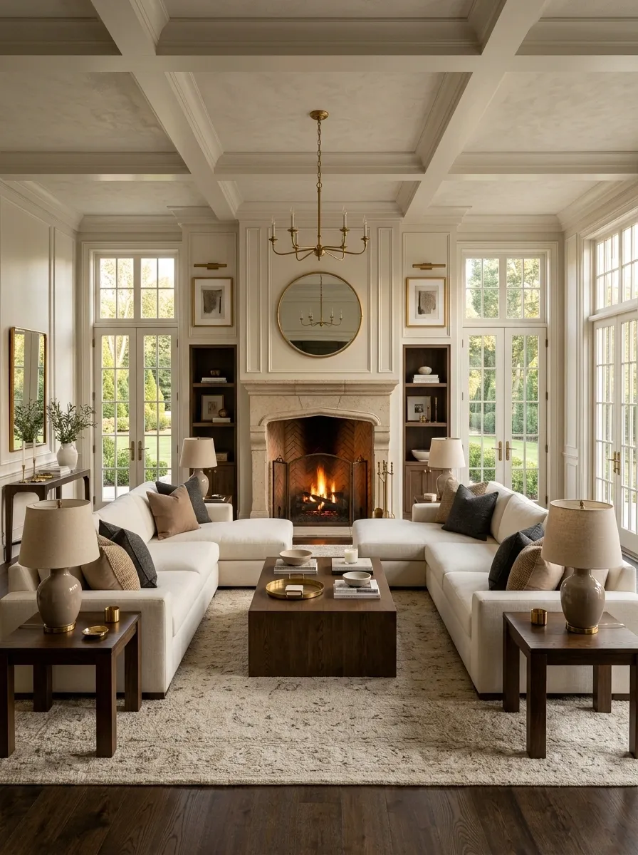 Symmetrical Sectional Layout Built Around a Central Fireplace