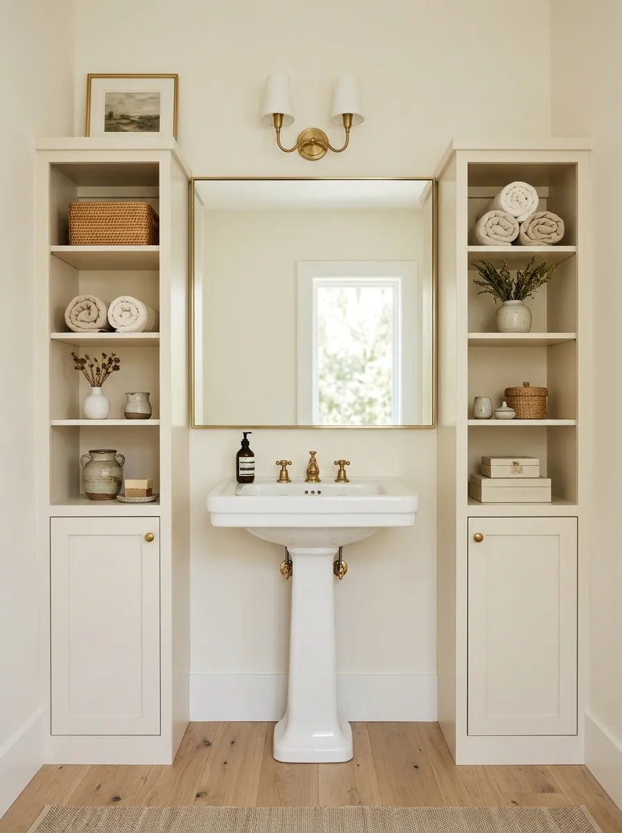 Symmetrical Storage Towers Framing the Sink