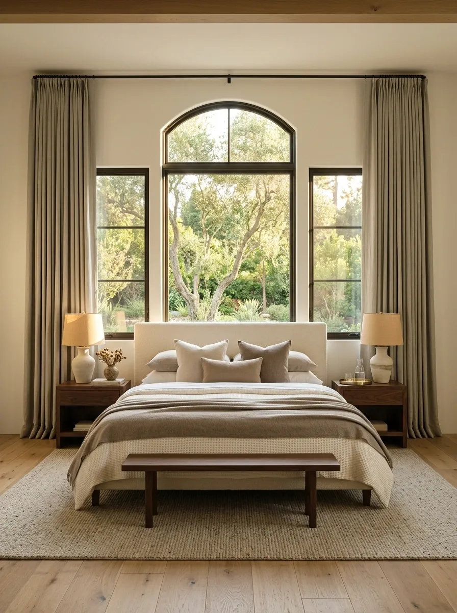 Tailored Luxury Bedroom With a Symmetrical Window Wall and Layered Textiles