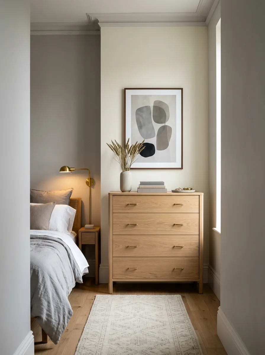 Tall Dresser With Vertical Artwork in a Narrow Bedroom