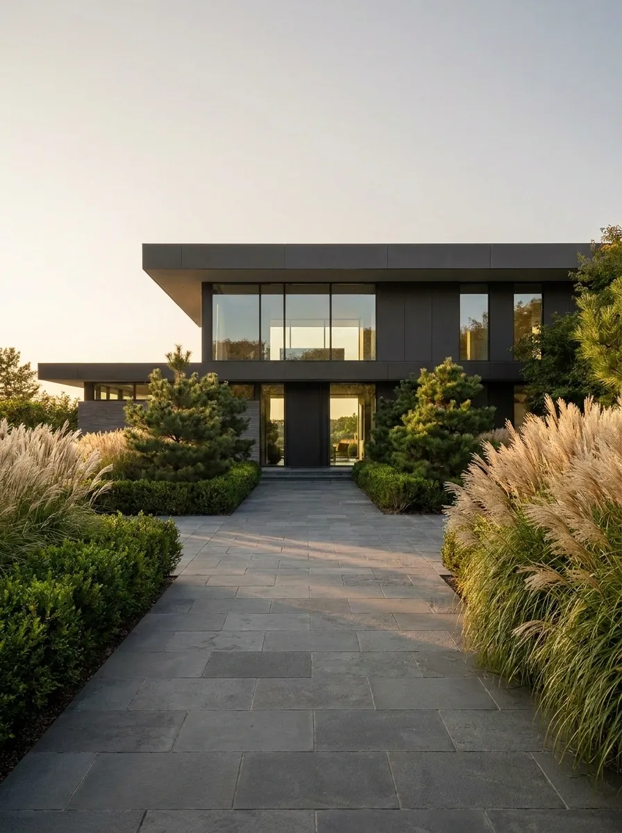 Tall Ornamental Grasses Framing a Modern Drive