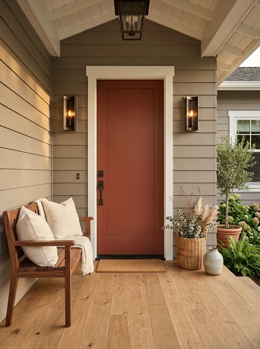 Taupe Porch With Rust Door and Dark Bronze