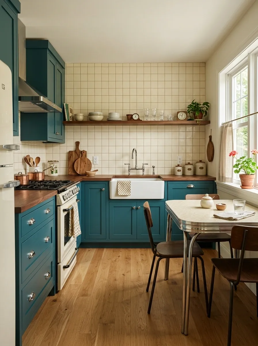 Teal Retro Kitchen With Cream Tile and Walnut