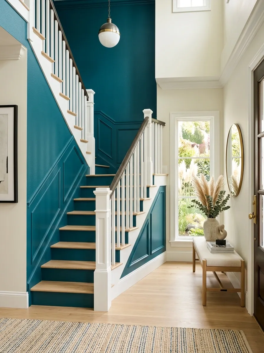 Teal Staircase With Crisp White Trim in a Creative Entryway