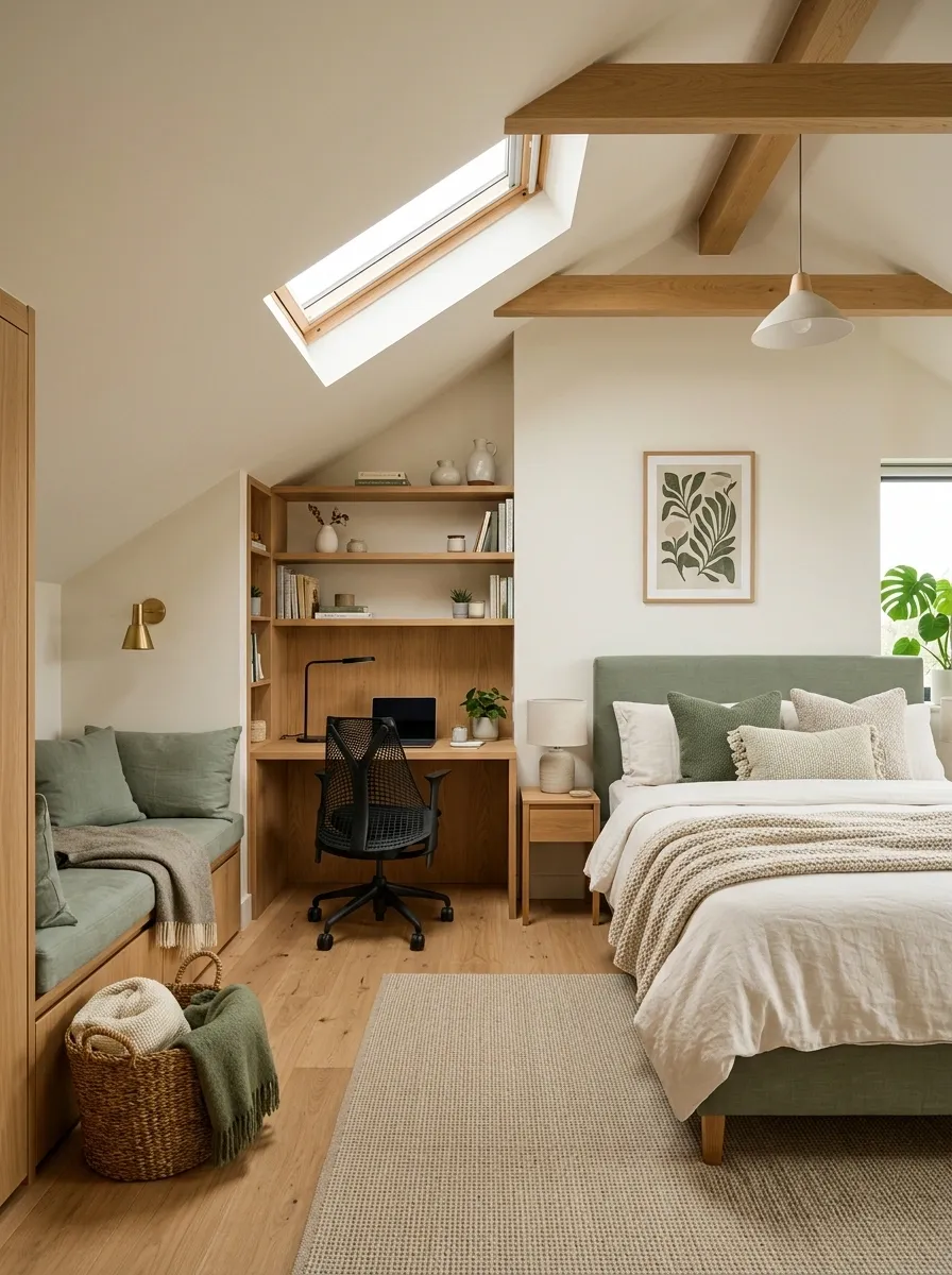 Teen Bedroom With a Sloped Ceiling, Reading Nook, and Study Area