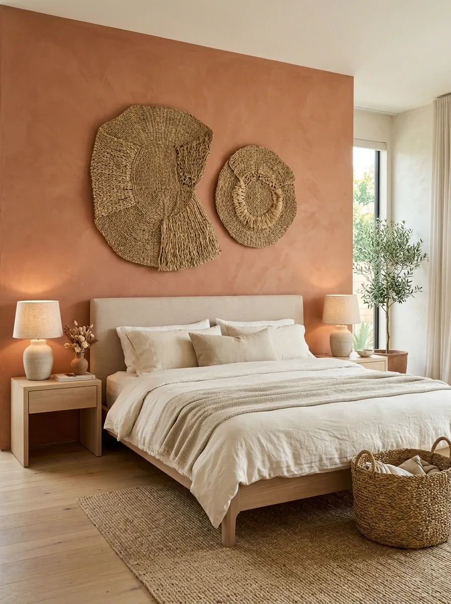Terracotta Accent Wall With Oversized Woven Wall Art