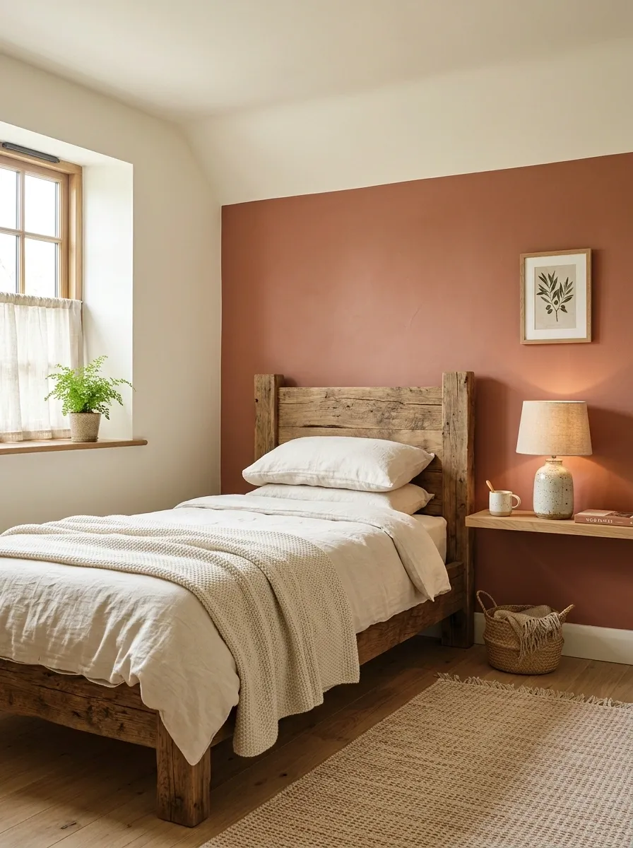 Terracotta and Cream Bedroom With Rustic Wood