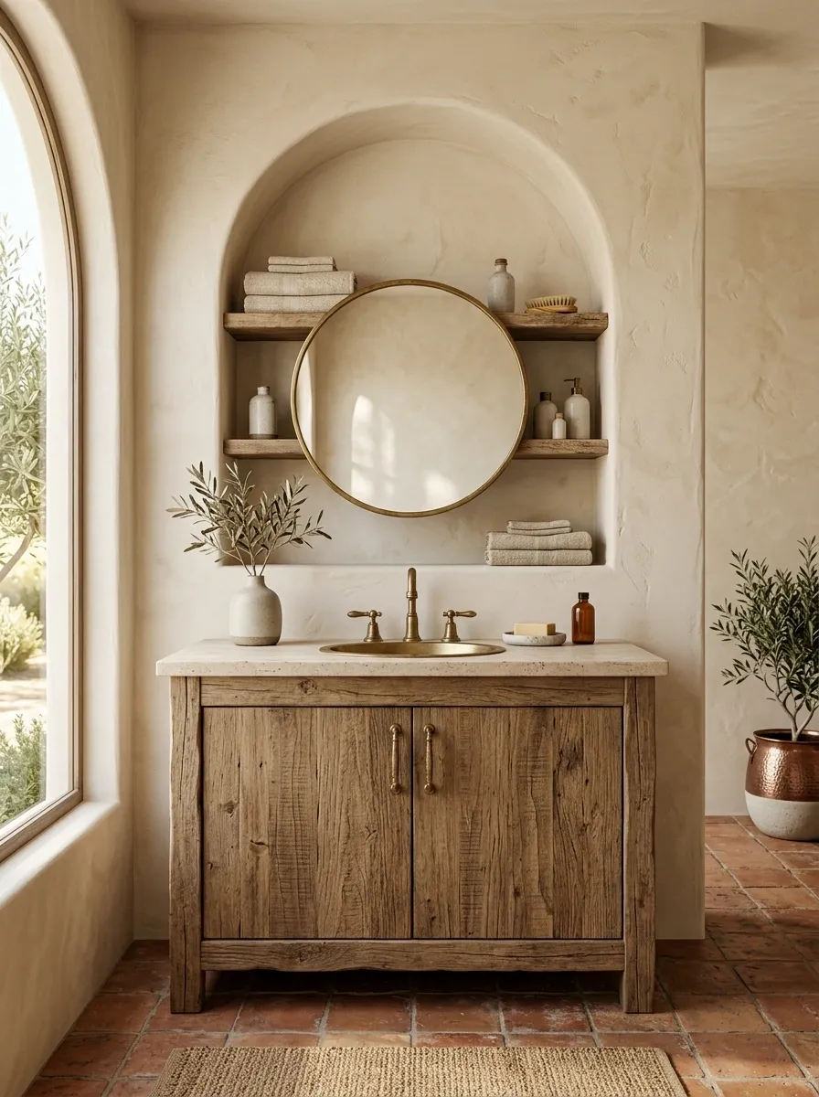 Terracotta-and-Cream Mediterranean Bathroom With Arched Niche
