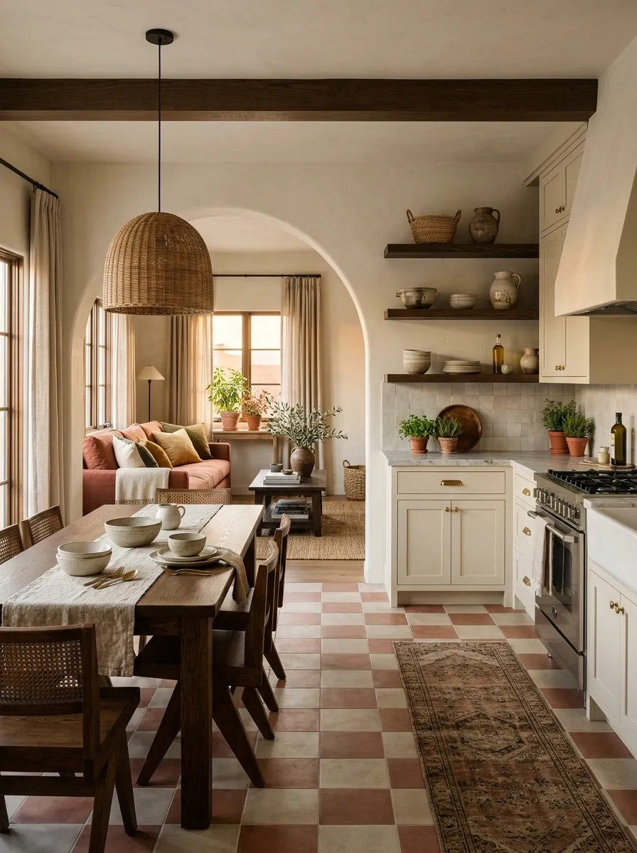 Terracotta Apartment With Checkerboard Flooring and Cream Walls