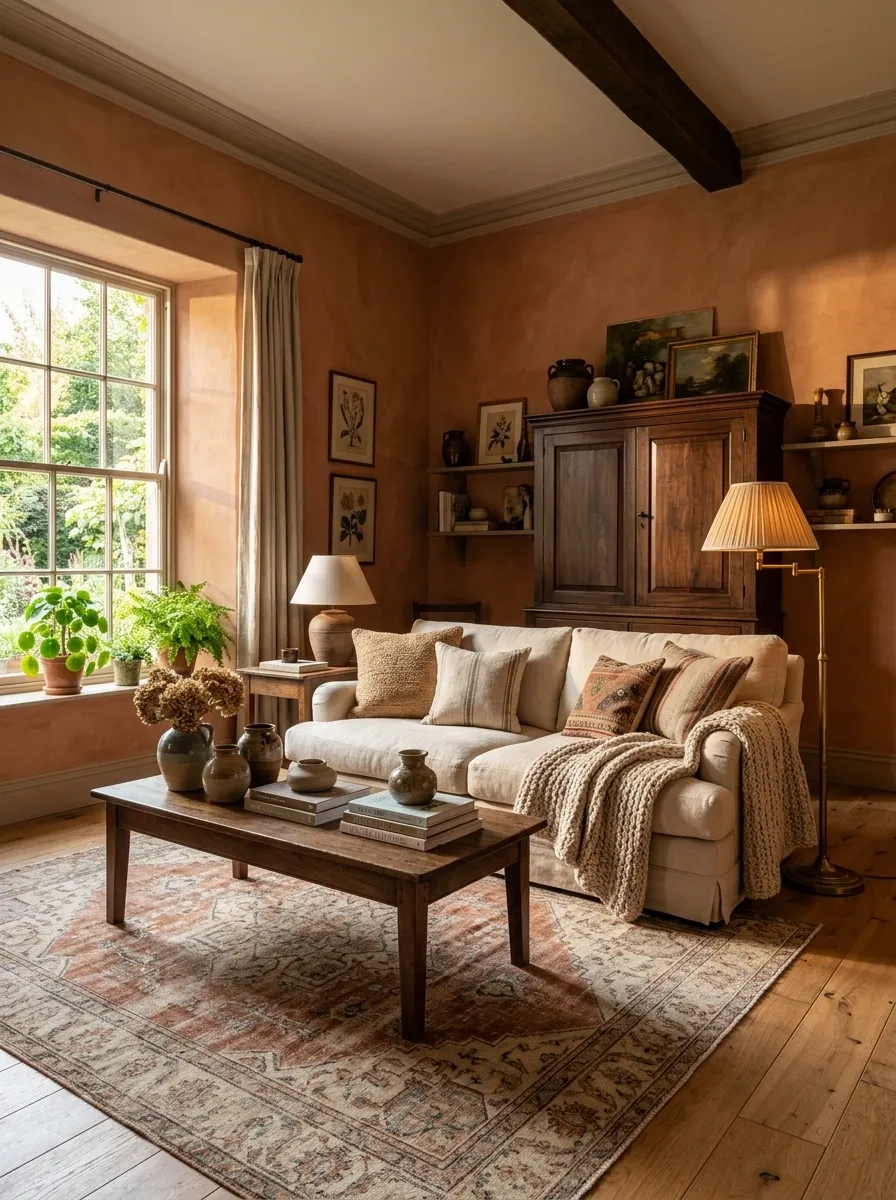 Terracotta Apartment With Linen and Dark Walnut