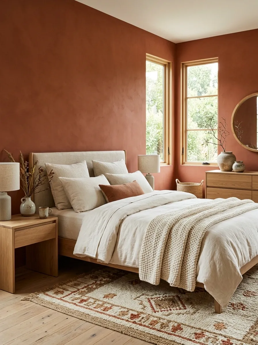 Terracotta Bedroom With Cream Textiles and Handmade Texture