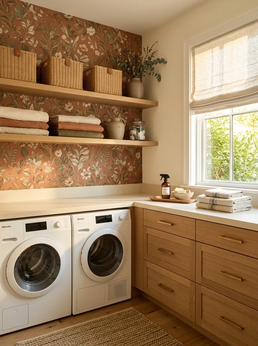 Terracotta Botanical Wallpaper With Natural Oak and Linen