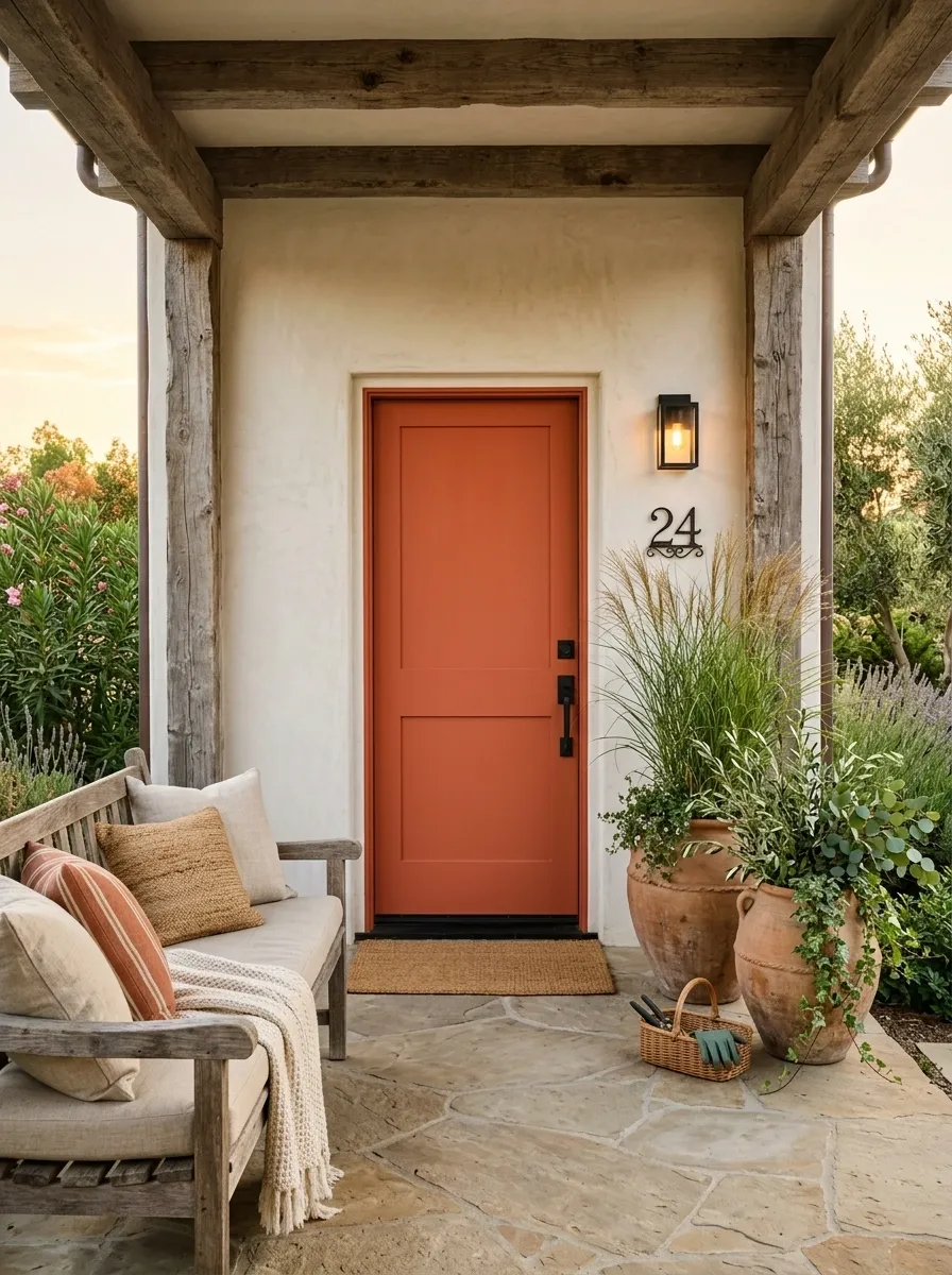 Terracotta Door With Weathered Wood and Linen