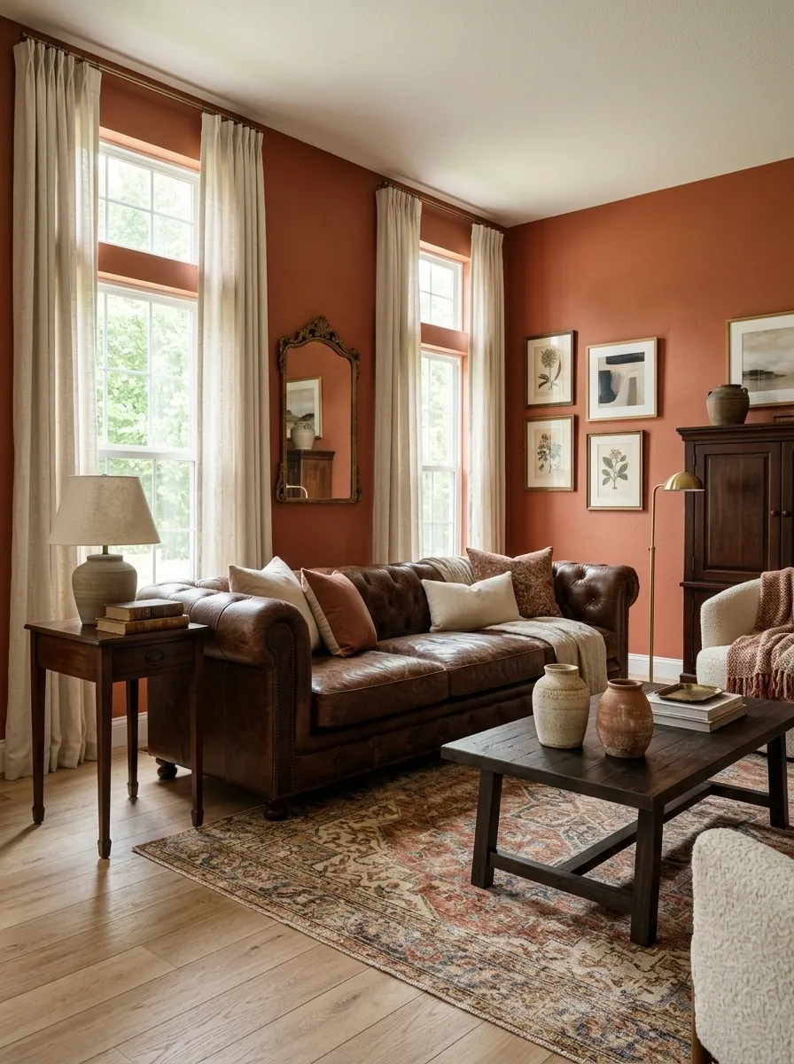 Terracotta Living Room With a Tobacco Brown Sofa