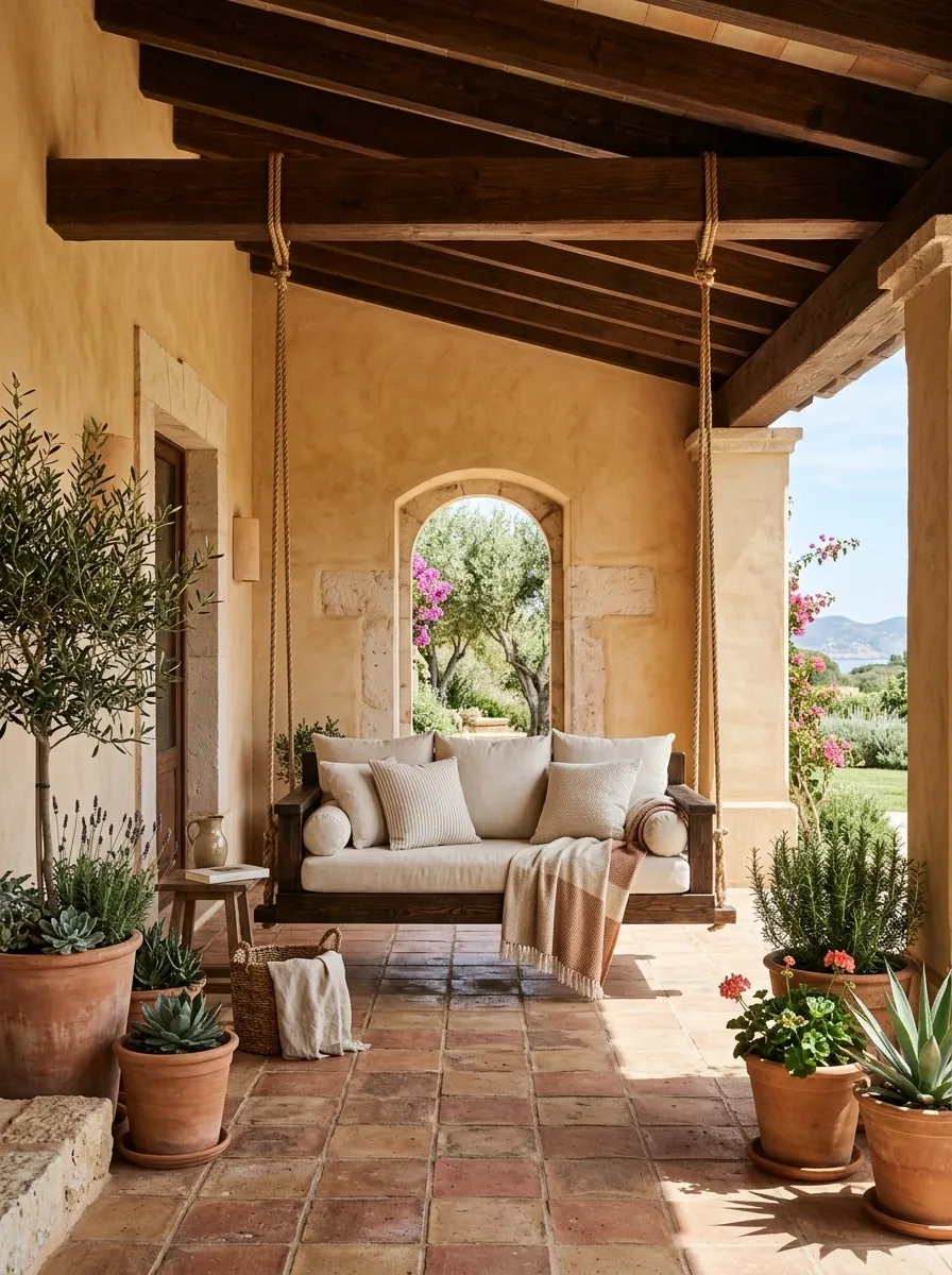 Terracotta Mediterranean Porch With Wood Swing and Stone