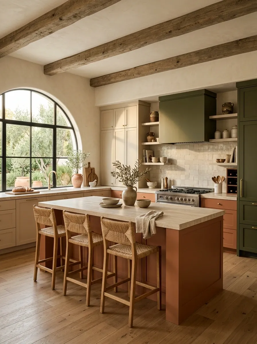 Terracotta, Oatmeal, and Deep Olive Mediterranean Kitchen
