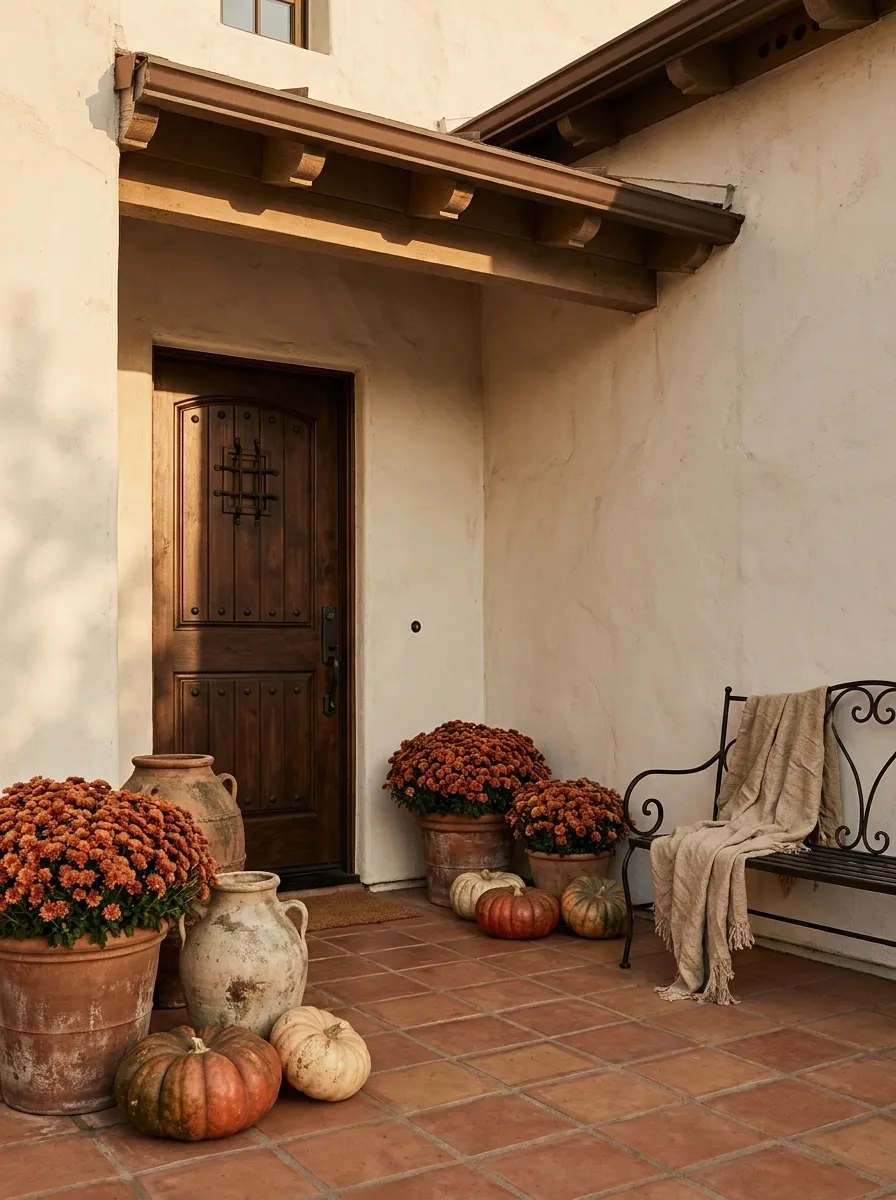 Terracotta, Orange Mums, and a Warm Wood Door