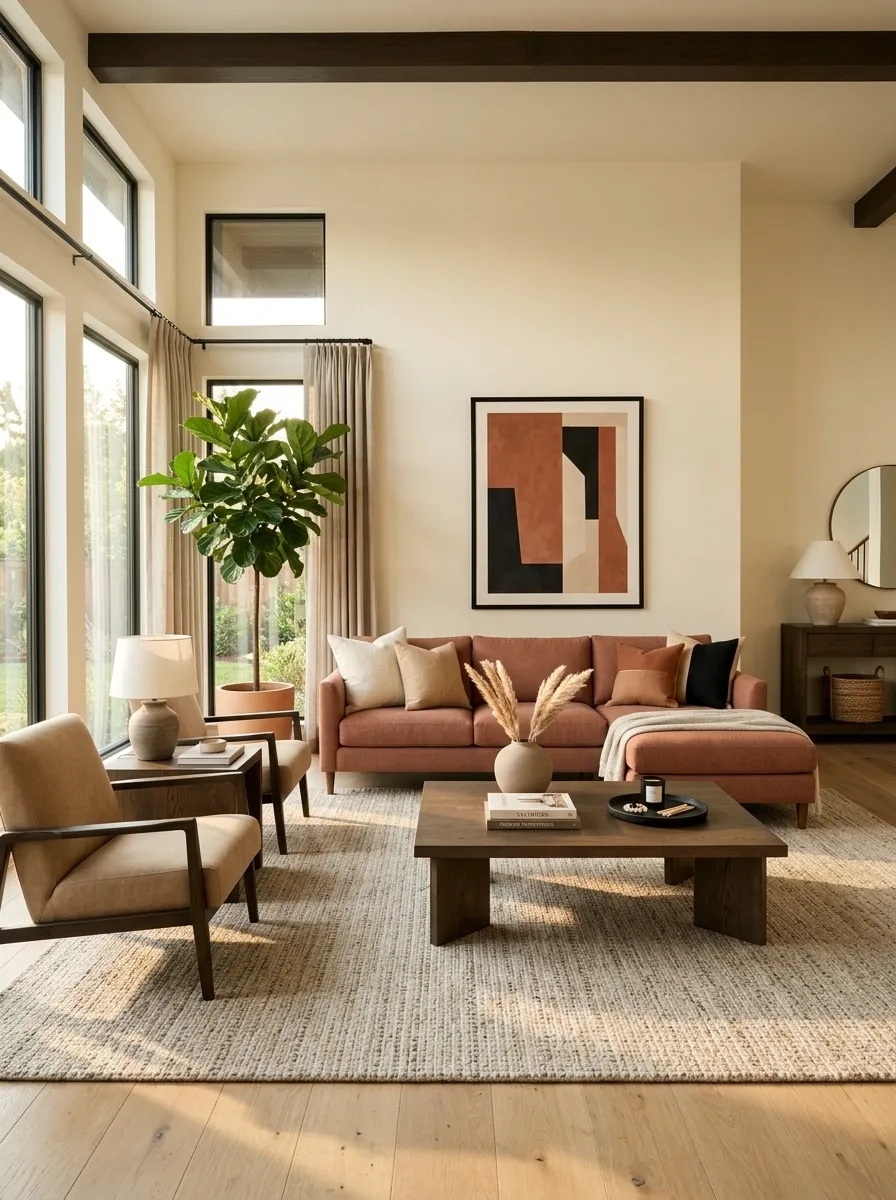 Terracotta Sofa With Cream Walls and Dark Wood Accents