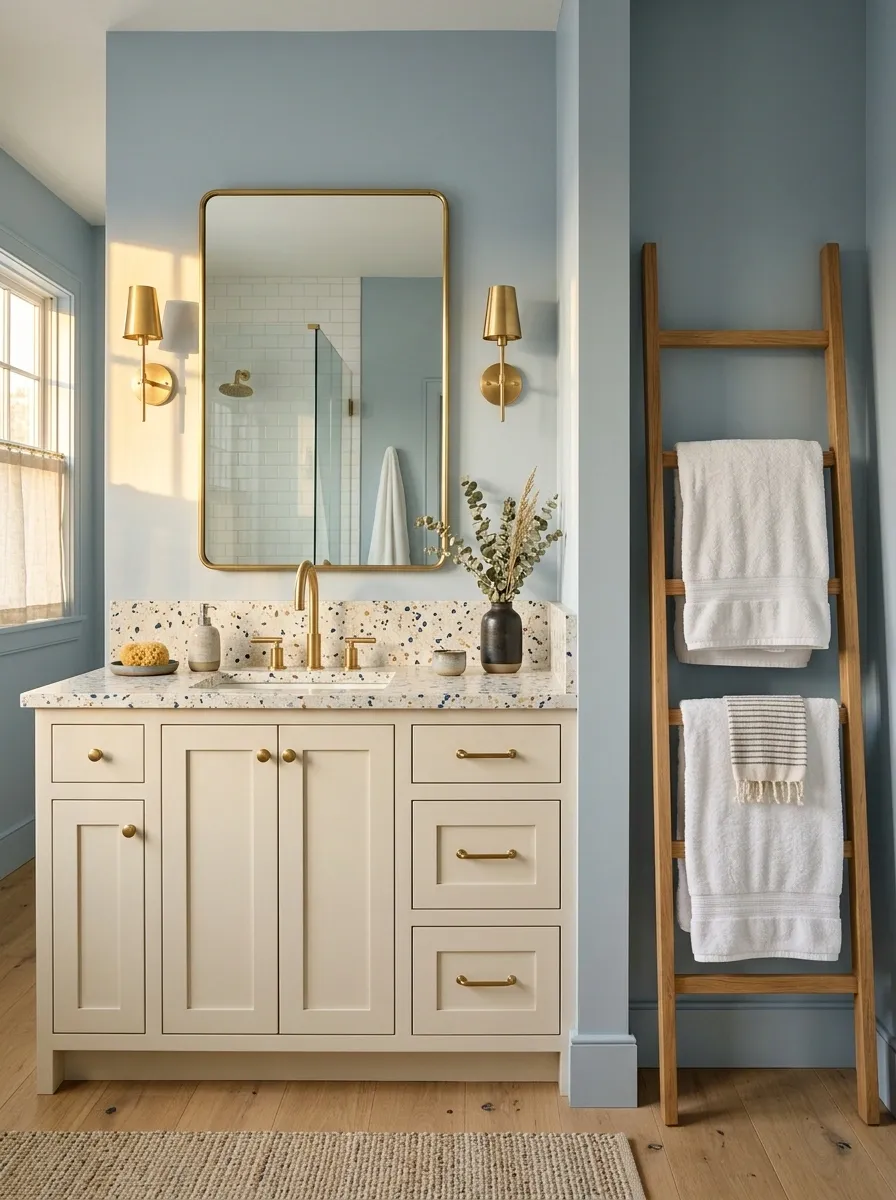 Terrazzo Bathroom With an Open Towel Ladder
