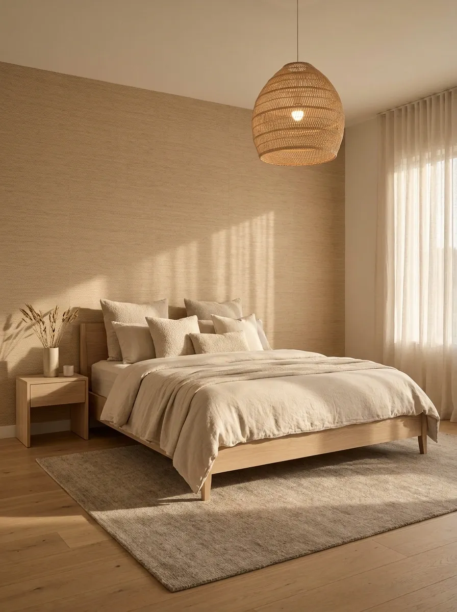 Textured Grasscloth Wall With Layered Neutral Bedding