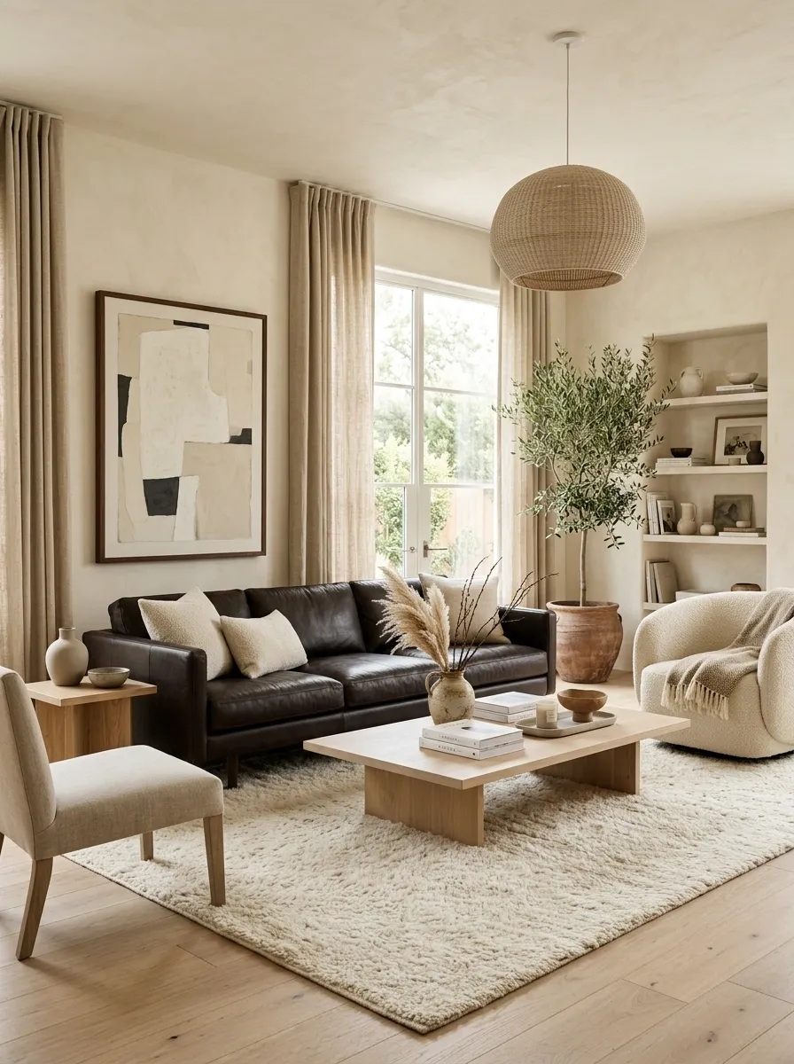 Textured Neutral Living Room With a Dark Brown Sofa
