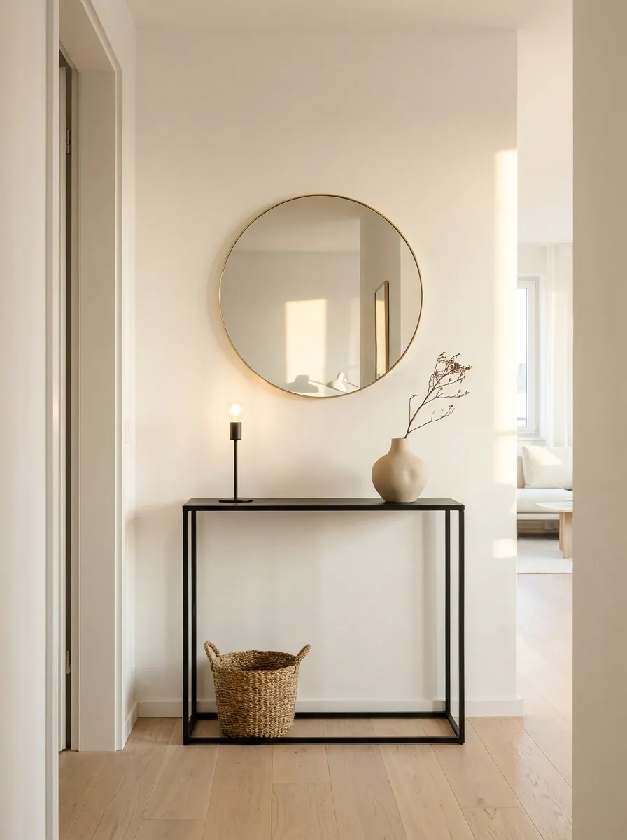 Tiny Apartment Entry With a Slim Black Console and Round Mirror