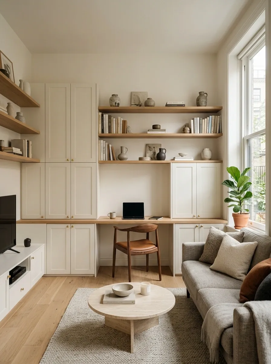 Tiny Apartment With a Continuous Built-In Storage Wall