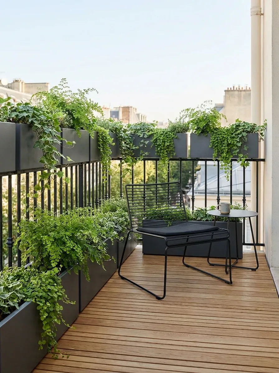 Tiny Balcony With a Continuous Green Rail Edge