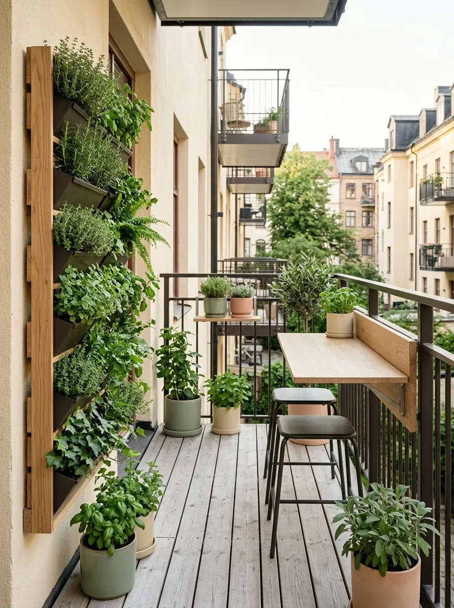 Tiny Balcony With a Vertical Herb Wall and Fold-Down Dining Table